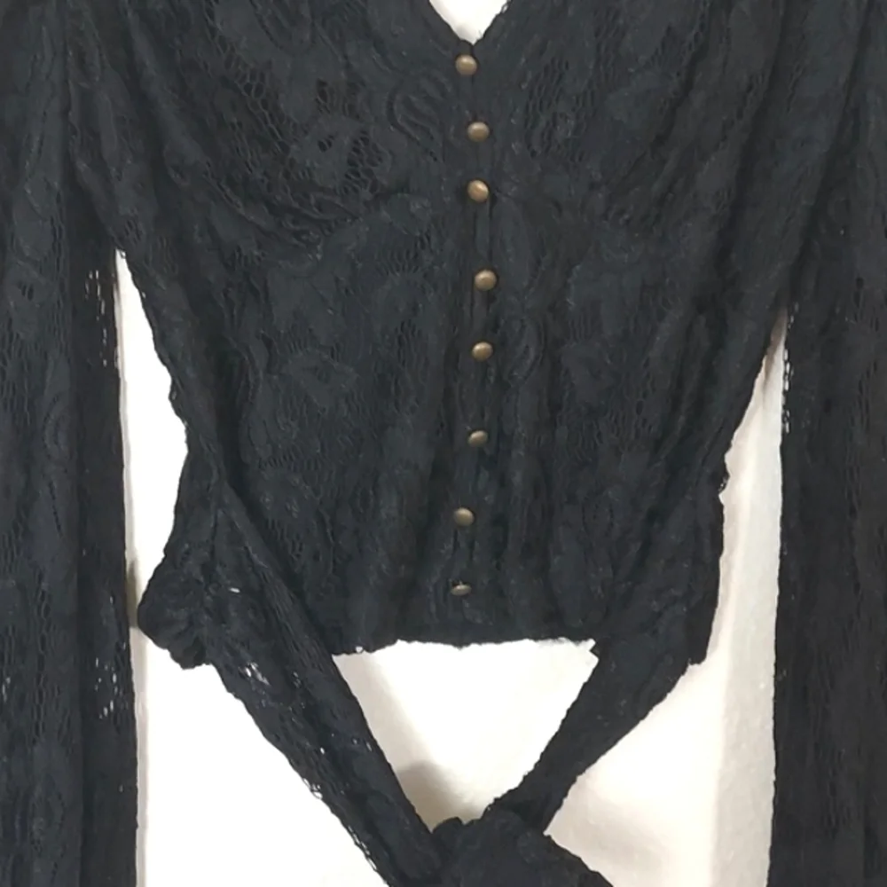 By Anthropologie Balloon-Sleeve Lace Wrap Blouse Black Small